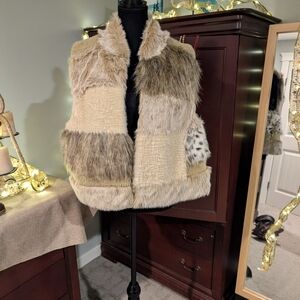 Anthropologie Textured Fur Vest in Cream and Brown